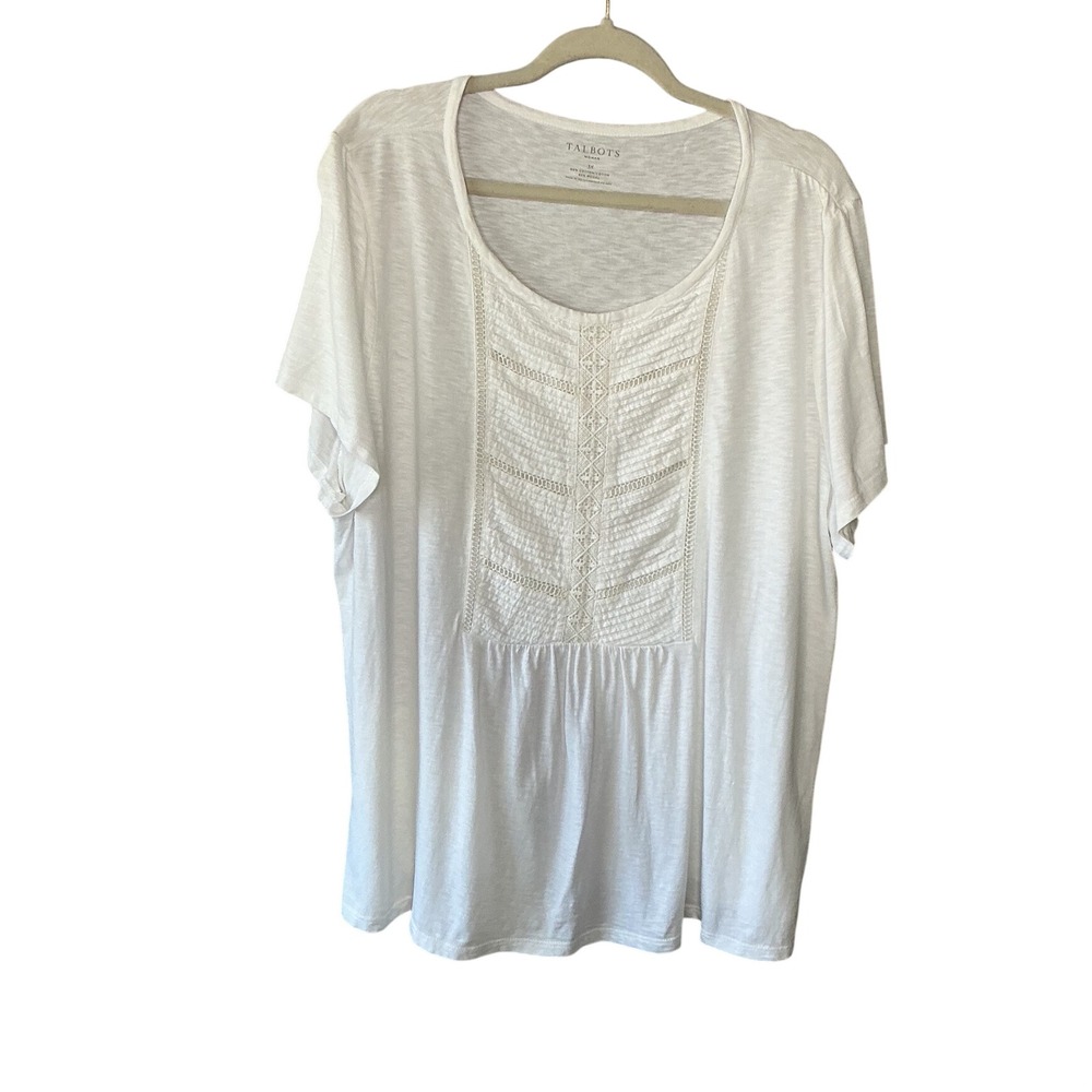Talbots Woman White Lace Pintuck Bib Slub Knit Top 3X Short Sleeve Tee